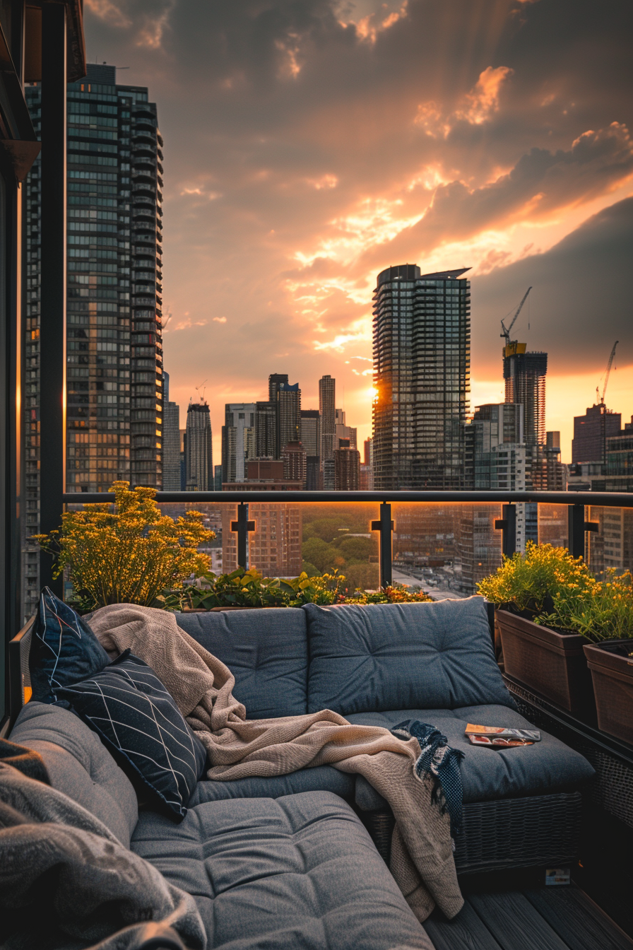 ALT: A cozy balcony with a sofa and a blanket overlooks a sunset cityscape with high-rise buildings and construction cranes.