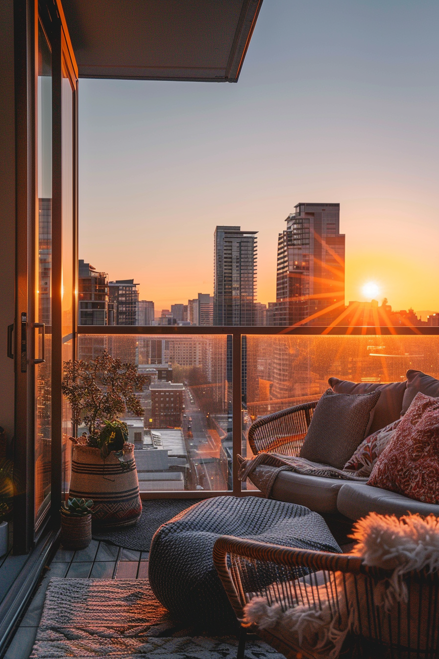 ALT: Cozy balcony with wicker furniture overlooking a city skyline during sunset, with sunlight casting a warm glow on the scene.