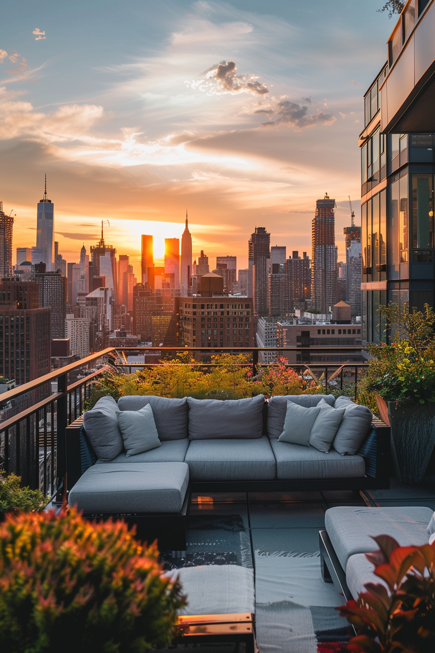 A cozy rooftop terrace with plush seating overlooks a stunning sunset behind a city skyline.
