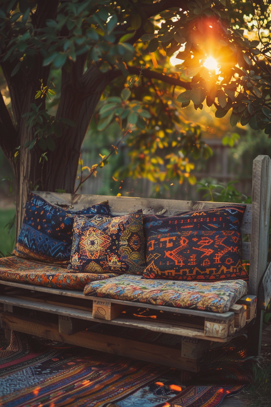 A cozy outdoor wooden pallet bench adorned with vibrant patterned cushions and rugs, basking in the warm glow of a sunset.