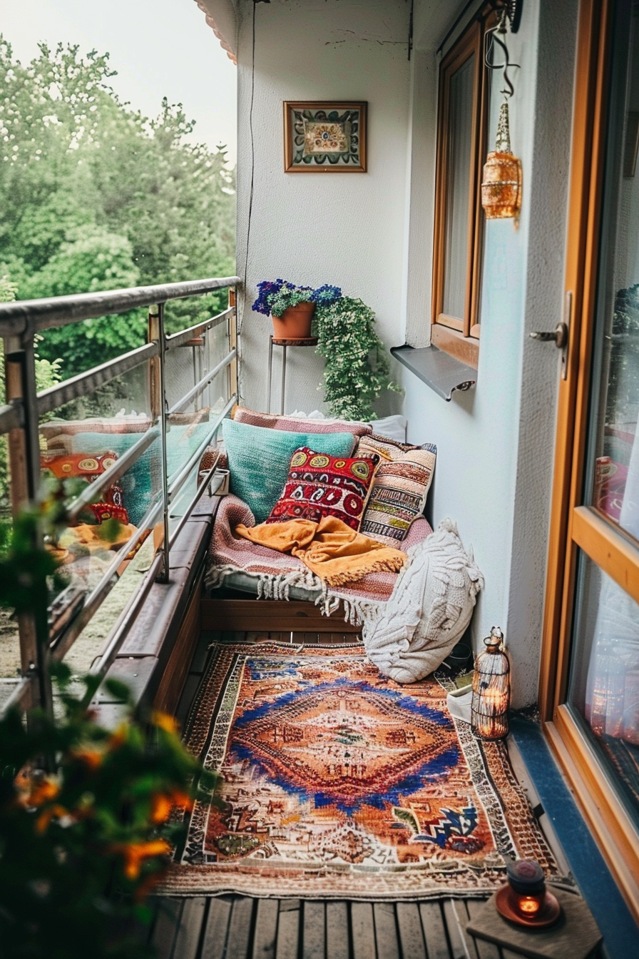 A cozy balcony with a bench adorned with colorful cushions, patterned rugs, potted plants, and a hanging lantern.
