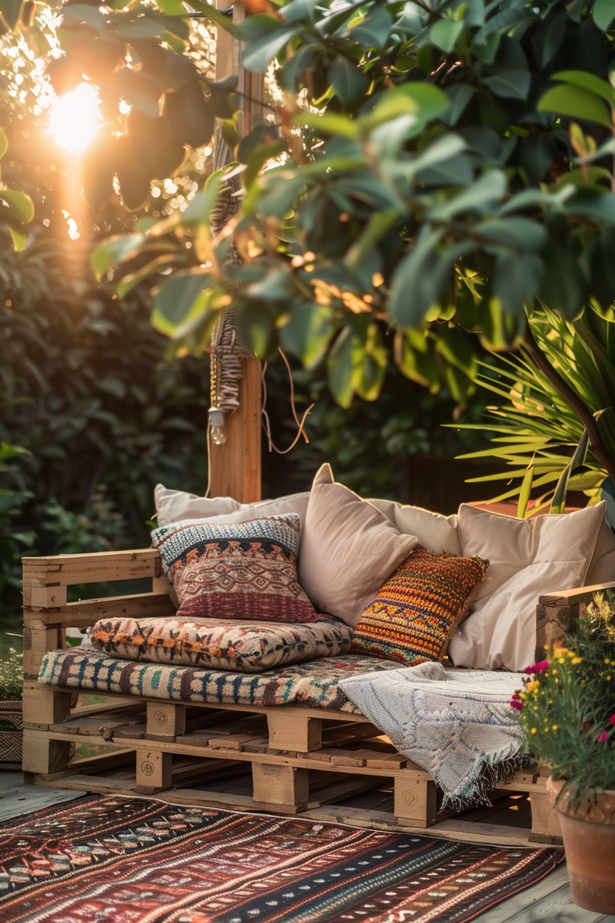 Cozy outdoor sitting area with cushions on pallet furniture, patterned rug, and warm sunlight filtering through leaves.