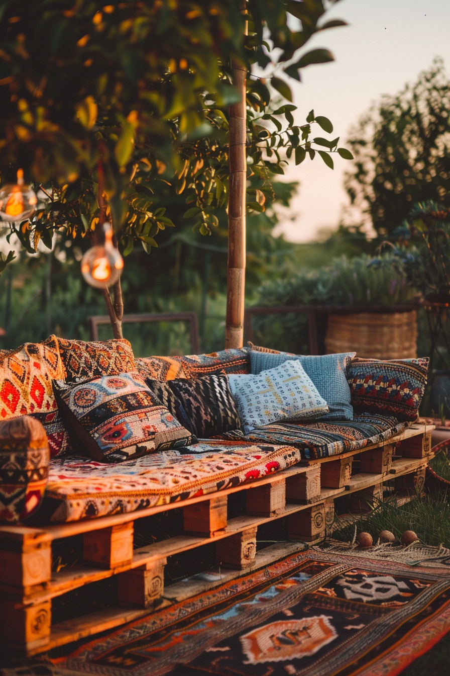 Cozy outdoor seating made of pallets and topped with ornate cushions and throws, with hanging lights and greenery in the background.