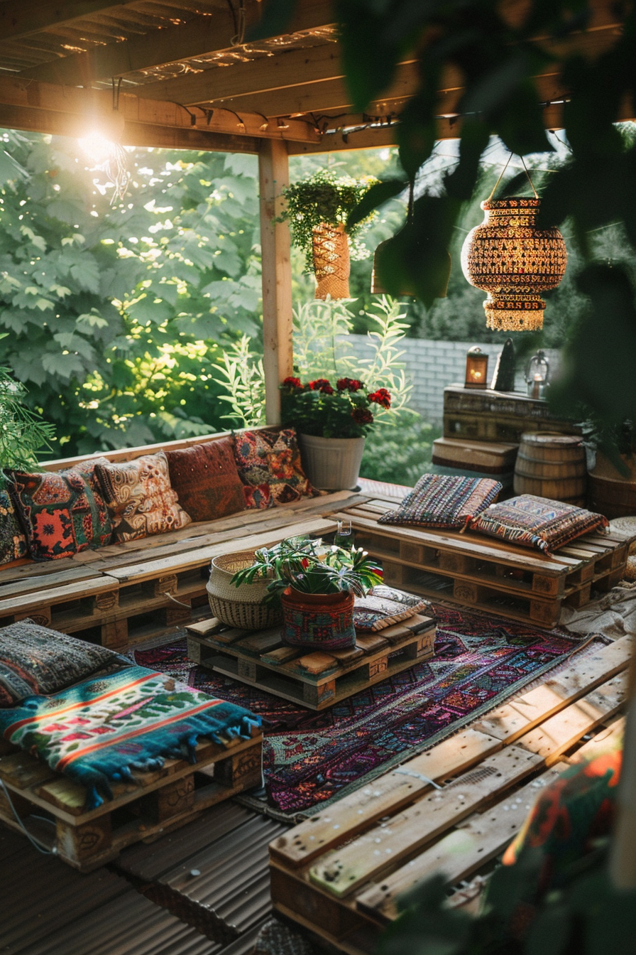 Cozy outdoor patio with pallet seating, colorful cushions and rugs, hanging lanterns, and surrounding greenery.