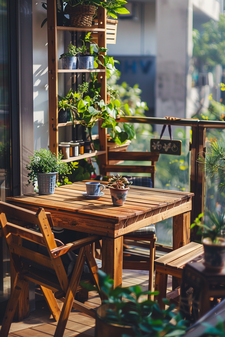 Cozy balcony setting with a wooden table, chairs, potted plants, and a cup on the table basking in sunlight.