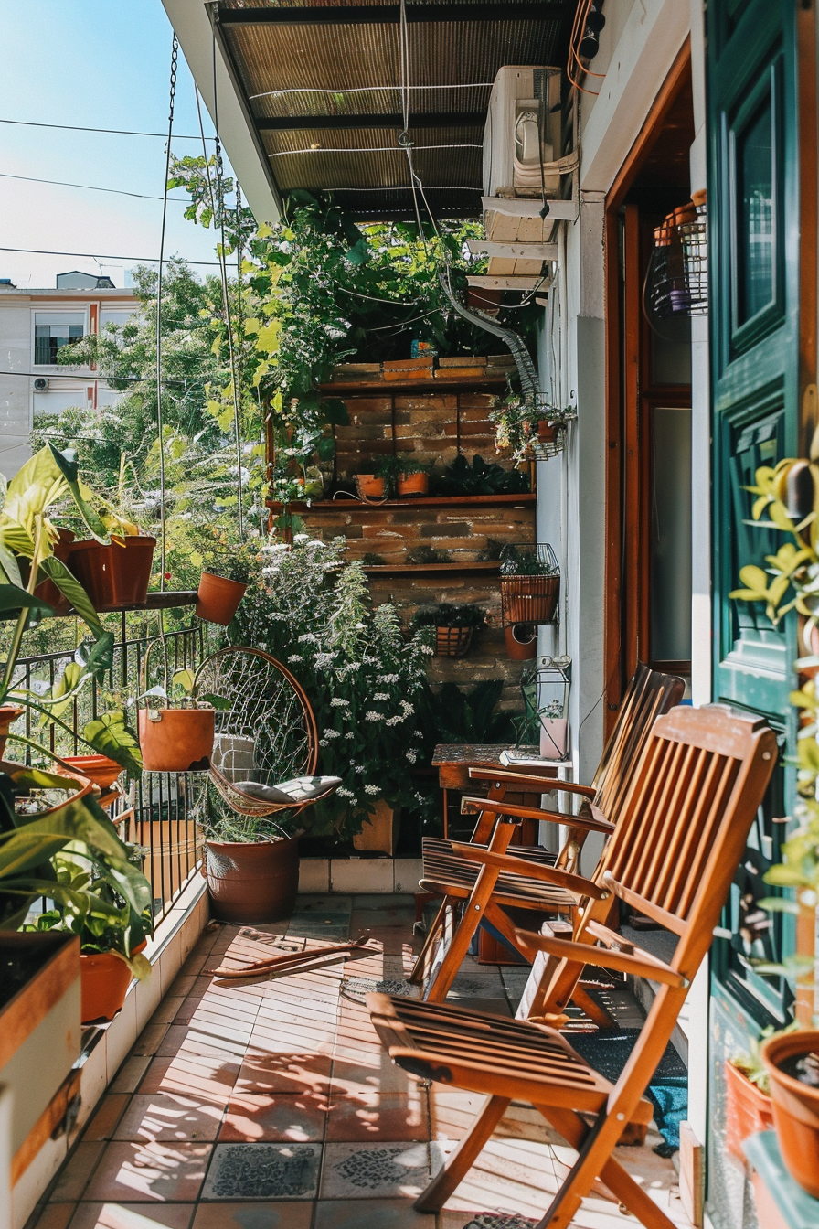 Cozy balcony with wooden chairs, hanging plants, and a vertical garden on a sunny day.
