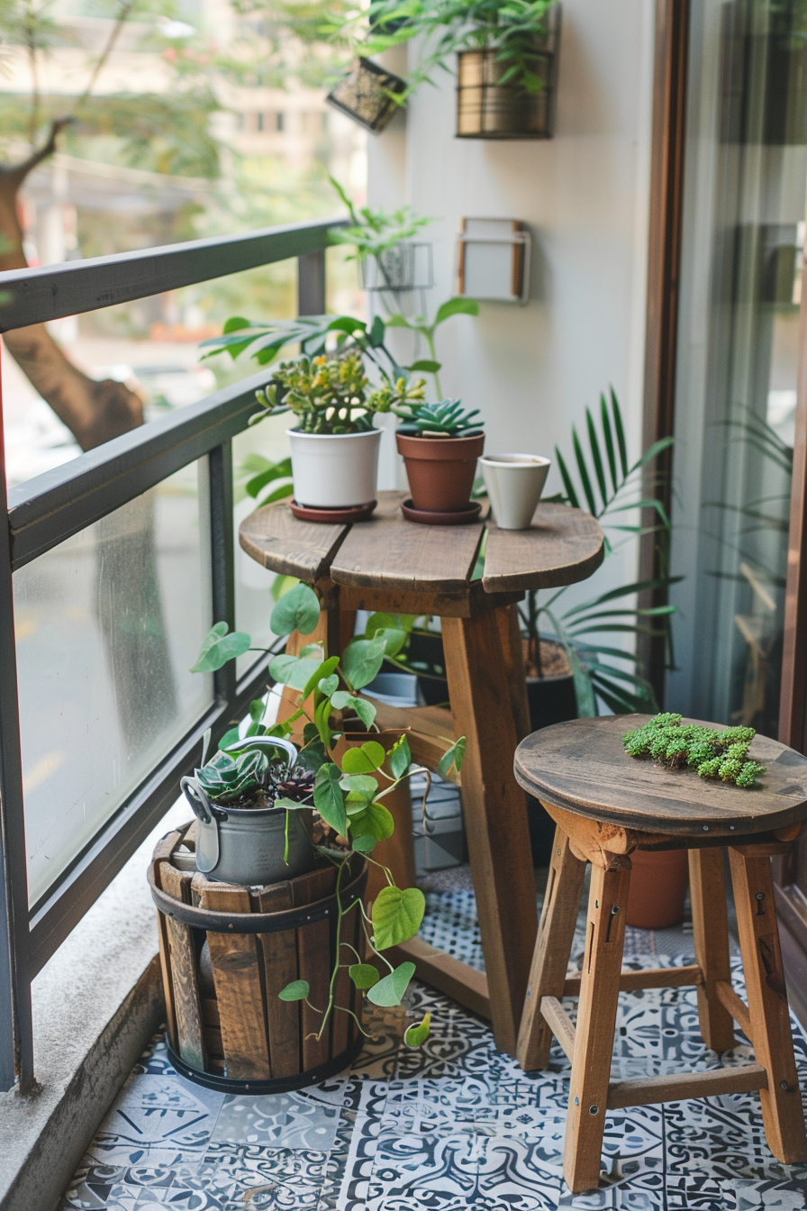 Cozy balcony corner with potted plants on wooden stools and hanging shelves, patterned floor tiles, and a view of greenery outside.