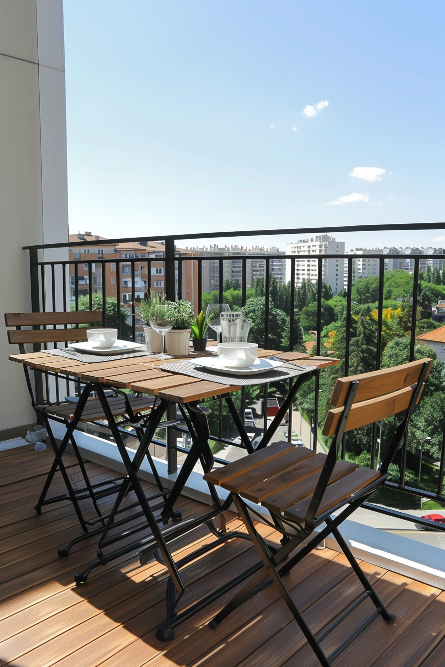 ALT: A sunny balcony with a set wooden table and chairs, plates and cups, plants, overlooking a view of urban apartment buildings.