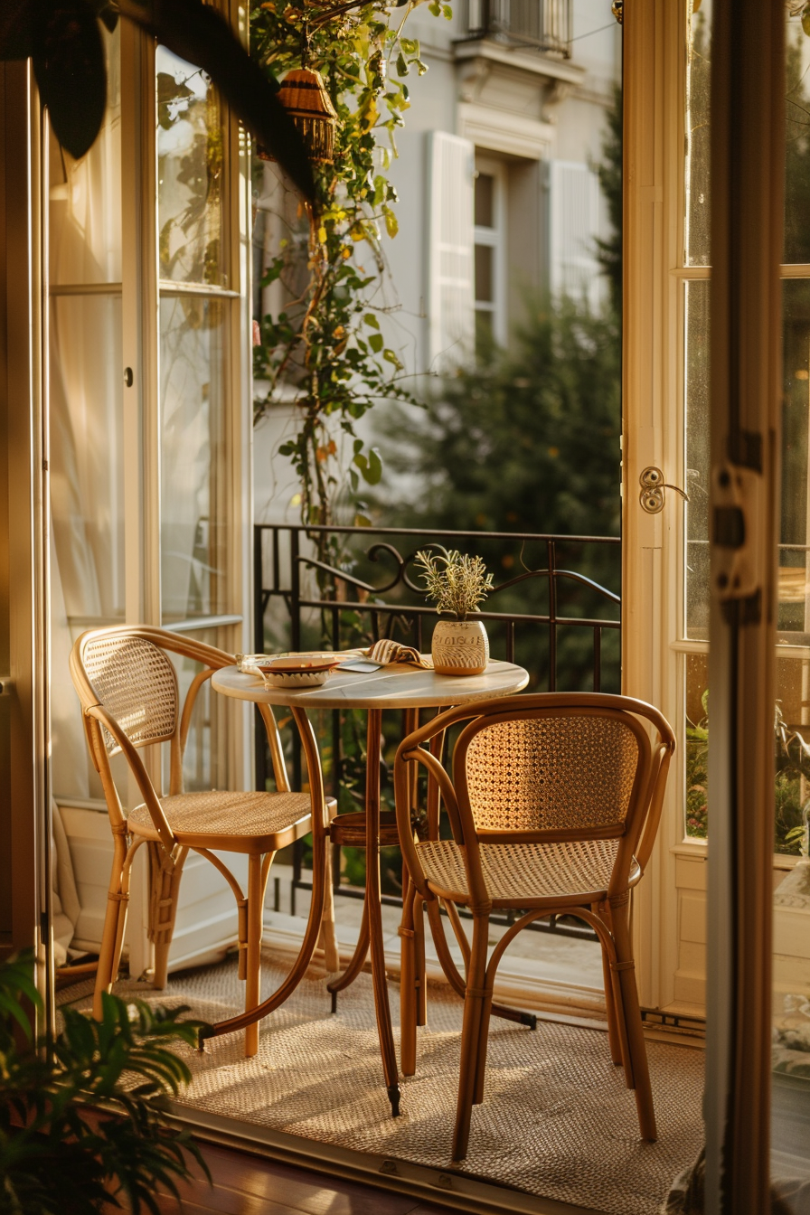 A cozy balcony setting with two wicker chairs and a table bathed in warm sunlight, overlooking an urban landscape.