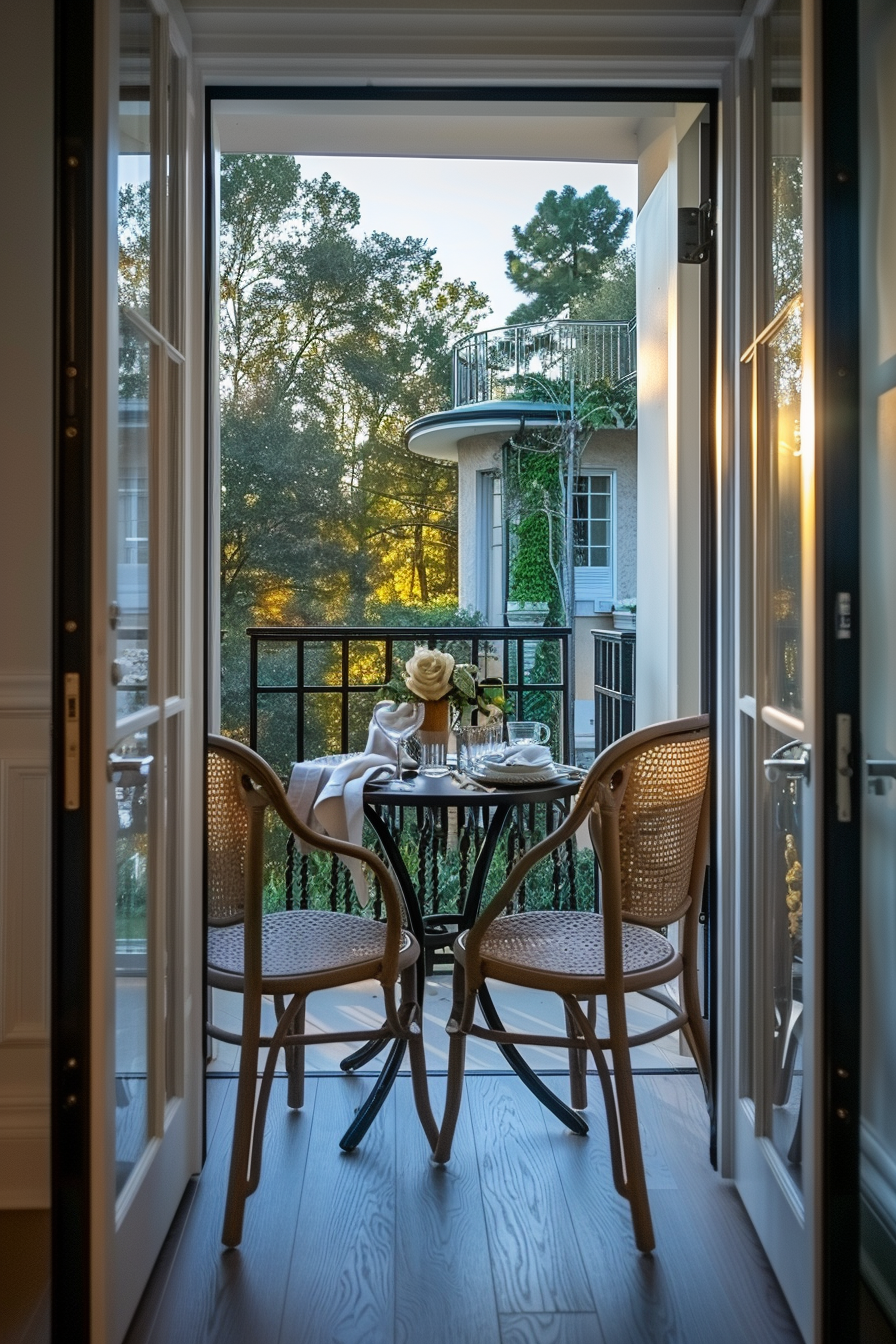 A cozy balcony with a bistro table set for two, overlooking trees at sunset, seen through an open door.