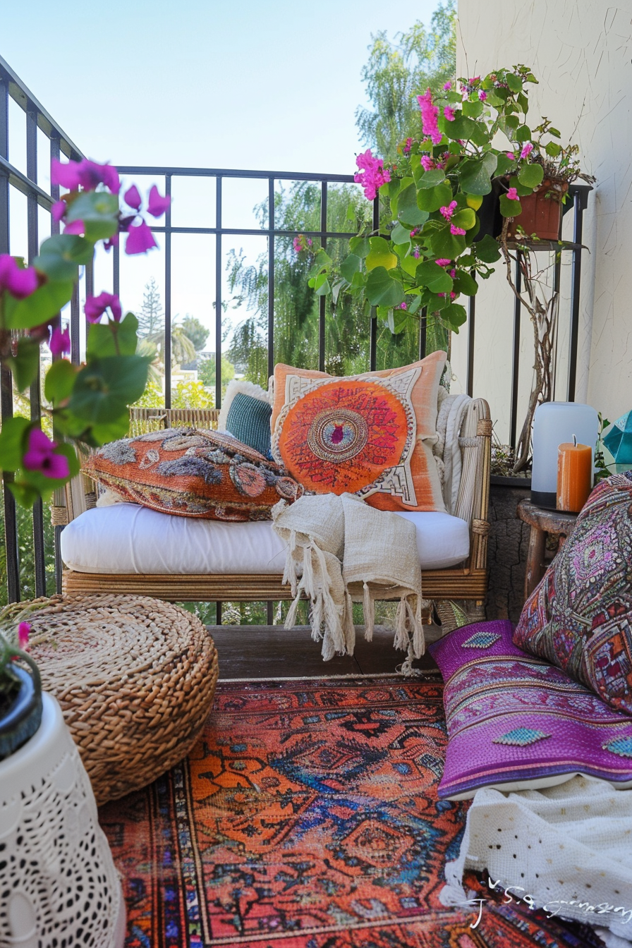 Cozy balcony with a woven chair, colorful cushions and rug, potted plants, and a candle, creating a warm, inviting outdoor space.