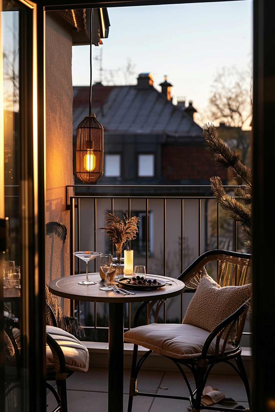 Balcony with a table set for two, overlooking rooftops at dusk, with warm lighting from a hanging lantern.
