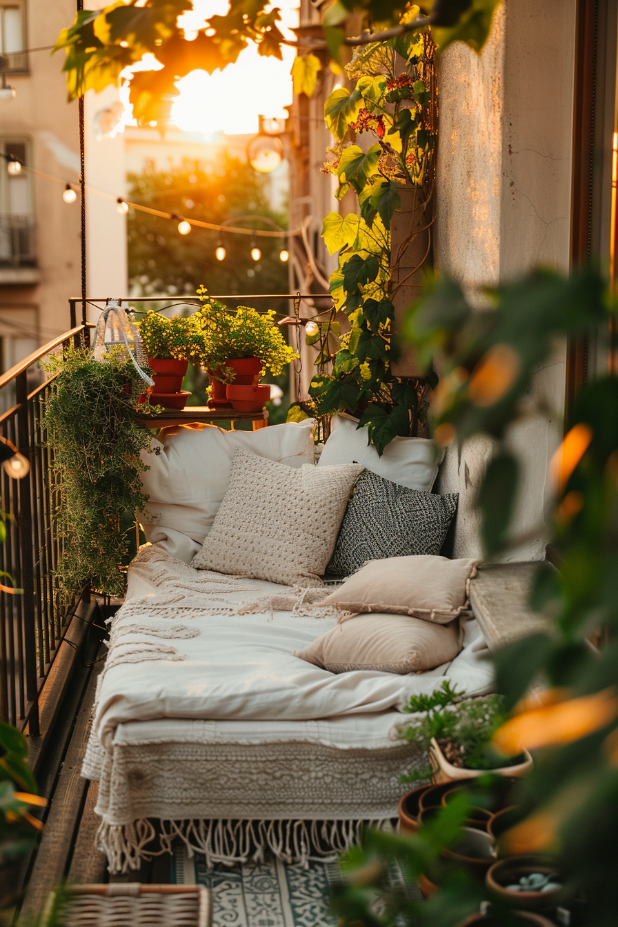 A cozy balcony with a daybed, cushions, potted plants, and string lights at sunset.