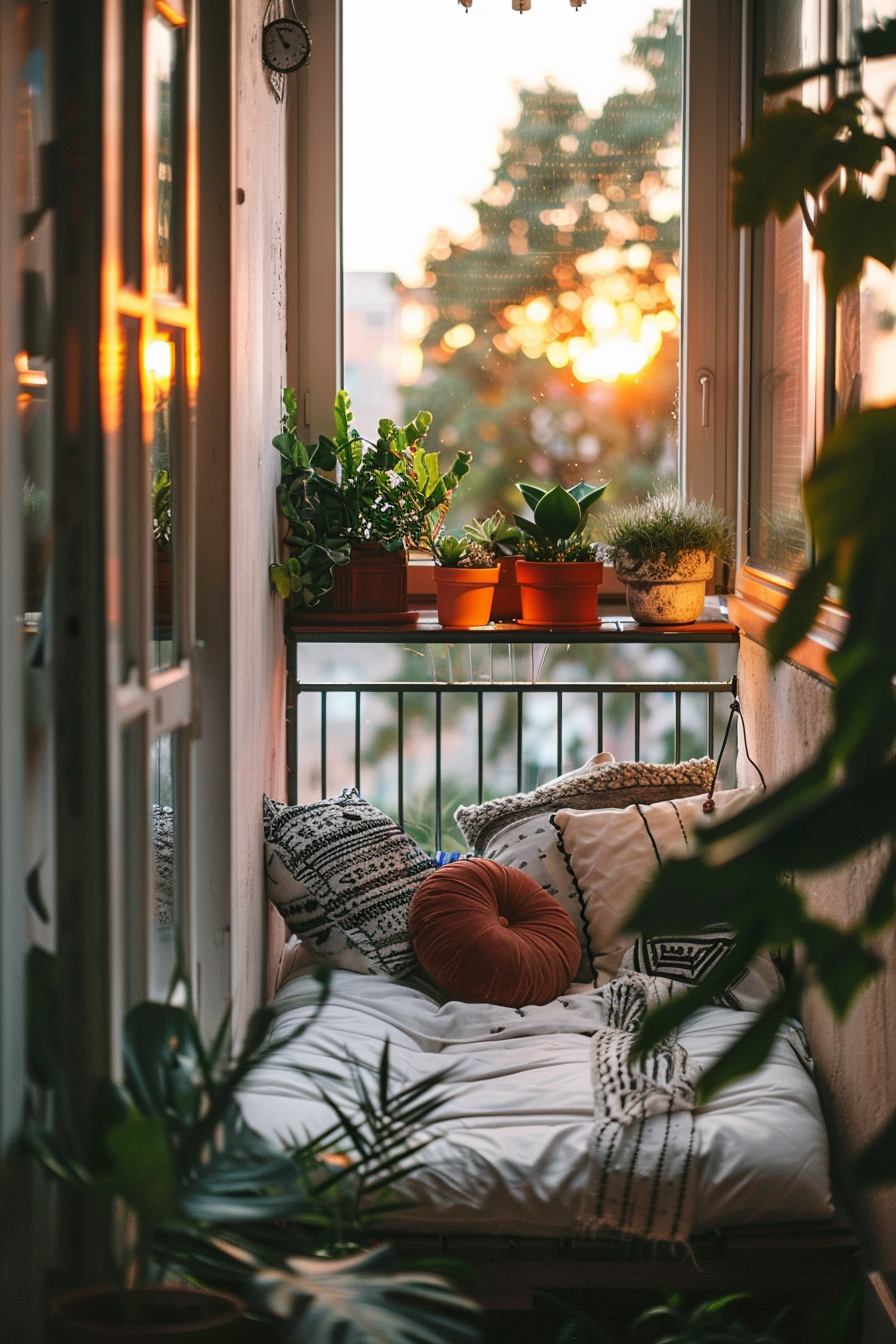 Cozy balcony with plants and cushions, illuminated by warm sunset light through the trees.