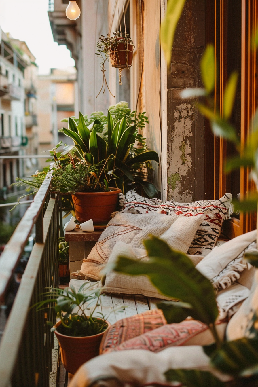 Cozy balcony with cushions and a variety of potted plants, creating a small urban oasis with a warm ambient light.