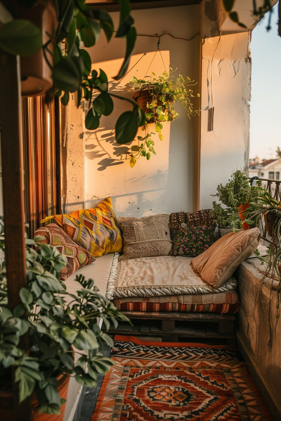 Cozy balcony corner with plants, colorful cushions on a bench, and a patterned rug, bathed in warm sunlight.