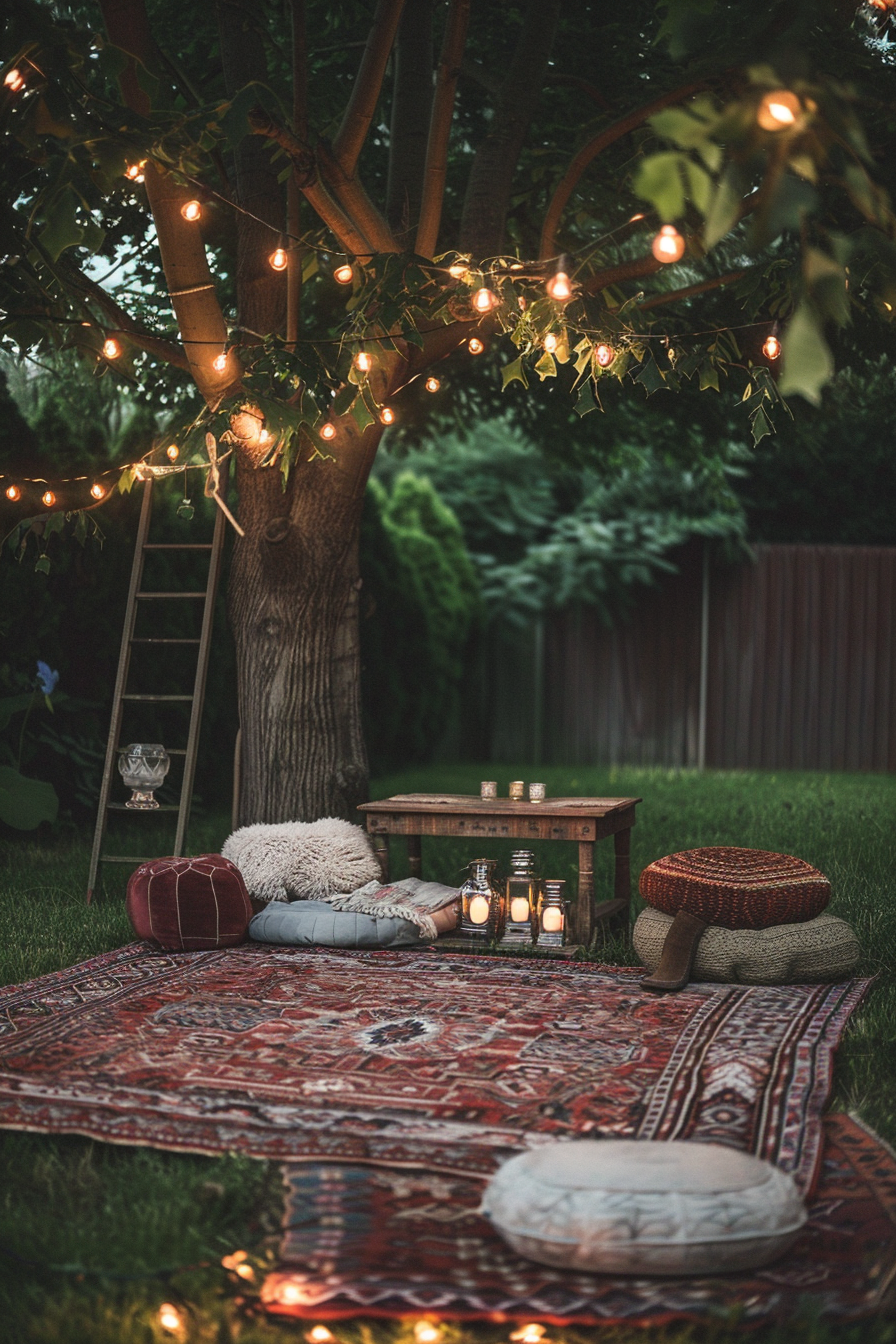 Cozy outdoor evening setting with string lights on a tree, a carpet, cushions, and lit candles on a wooden table.