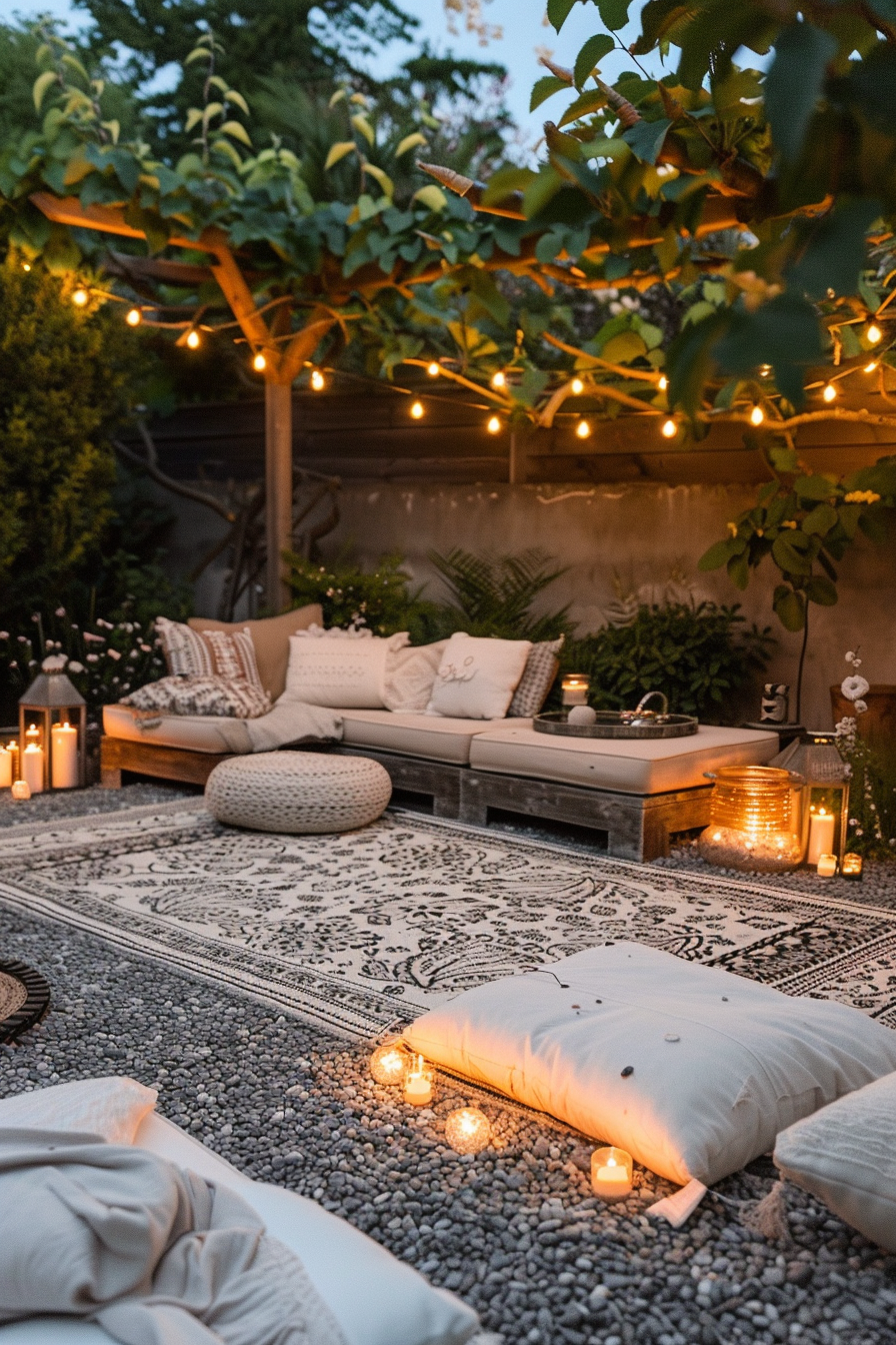 Cozy outdoor living space with string lights, cushions, a patterned rug, and lit candles at dusk.