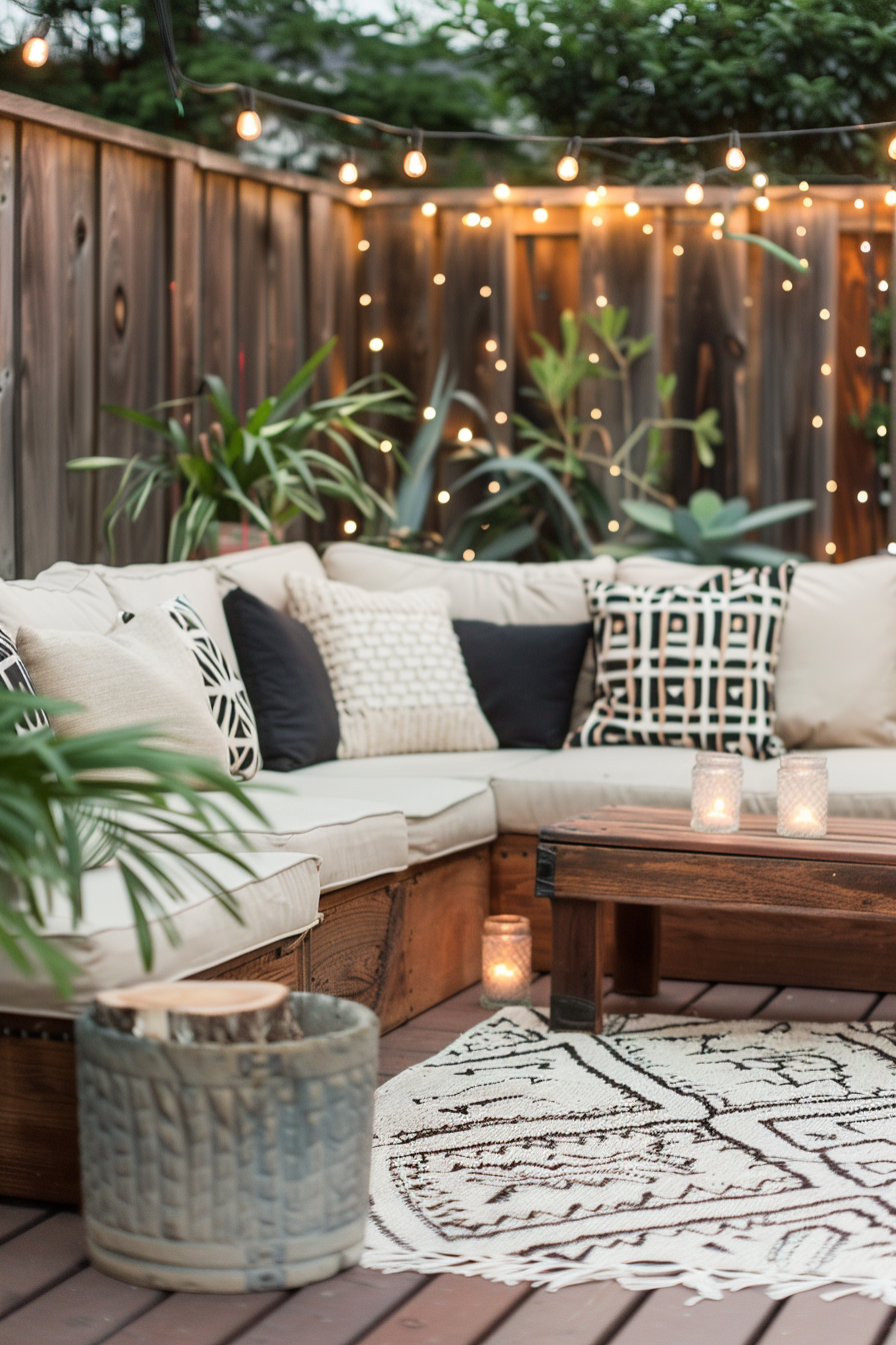 Cozy outdoor patio area with string lights, cushioned seating, plants, and lit candles at dusk.