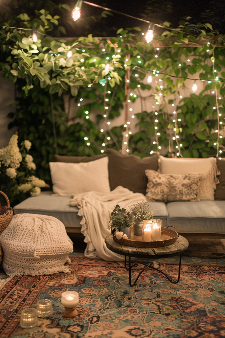 ALT: A cozy outdoor seating area at night with string lights, plush sofas, cushions, and a center table with lit candles and plants.