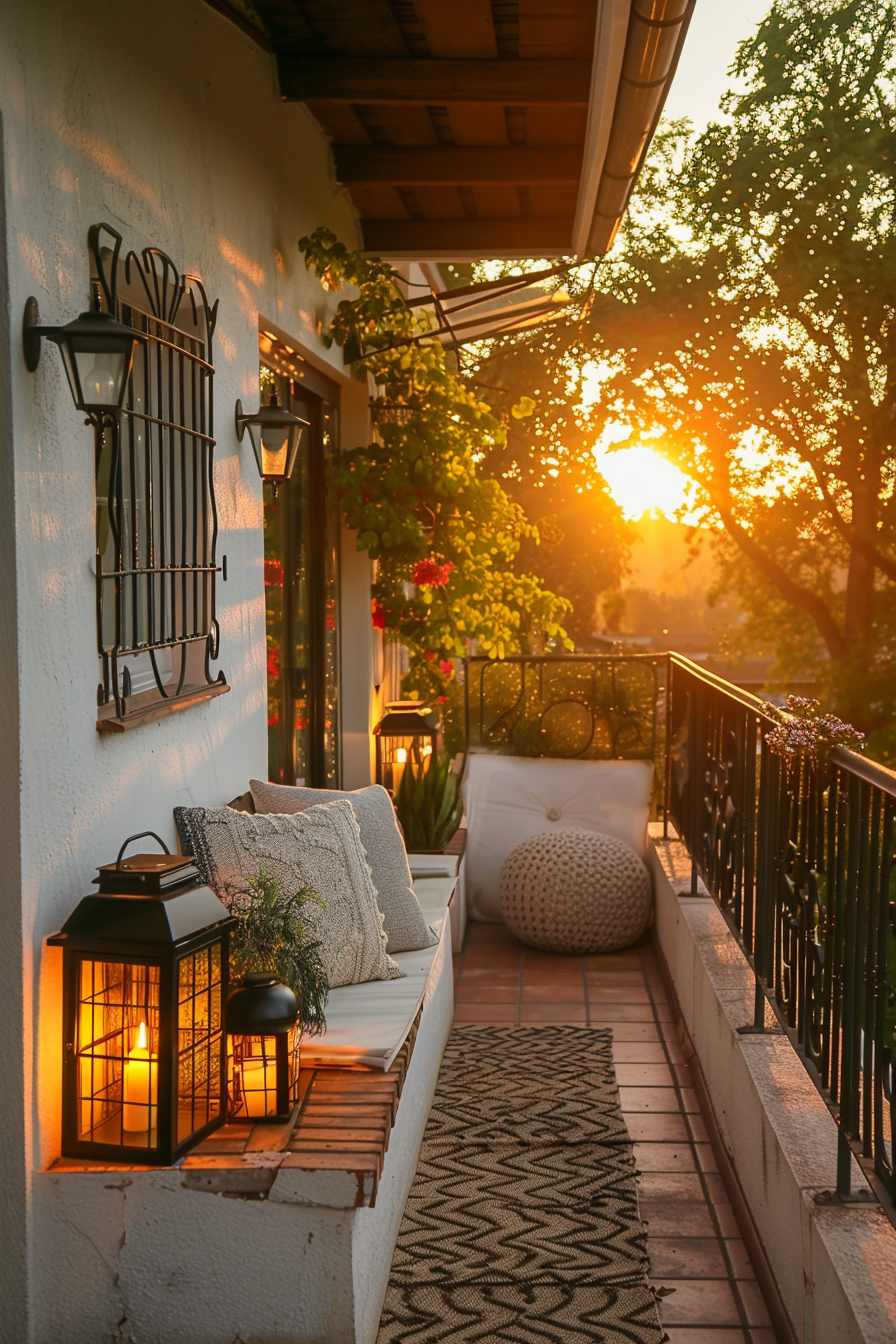 ALT: Cozy house balcony with cushions and throw pillows on a bench, lit lantern, patterned rug, and a sunset casting a warm glow through trees.