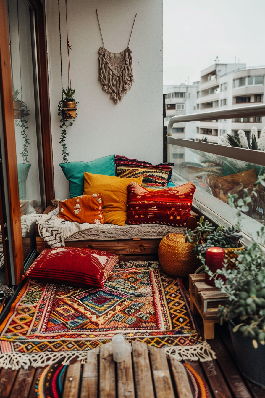 A cozy balcony with colorful cushions, patterned rugs, a knitted wall hanging, plants, and a city view in the background.