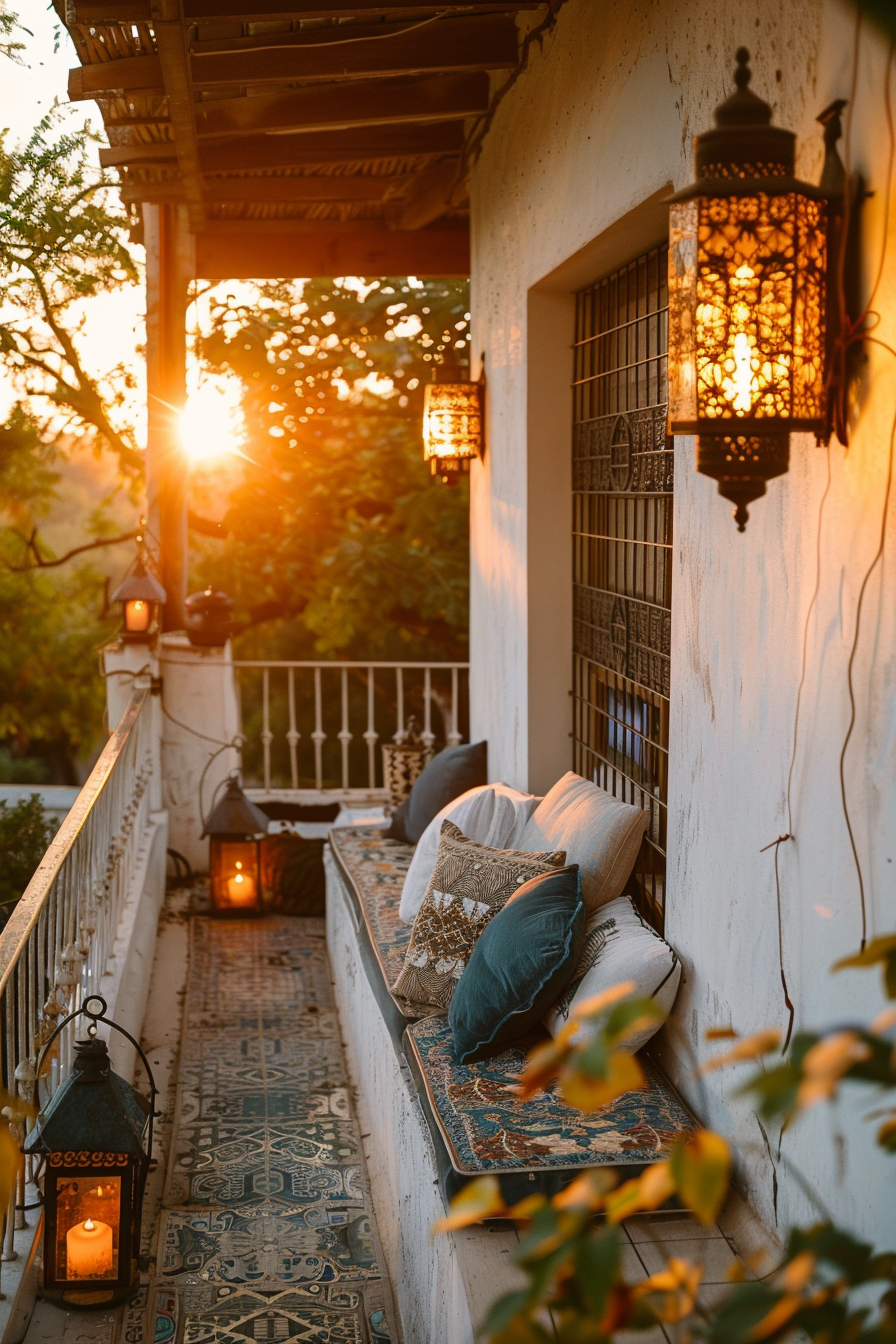 Cozy balcony with patterned tiles and cushions, illuminated by warm lantern light as the sun sets in the background.