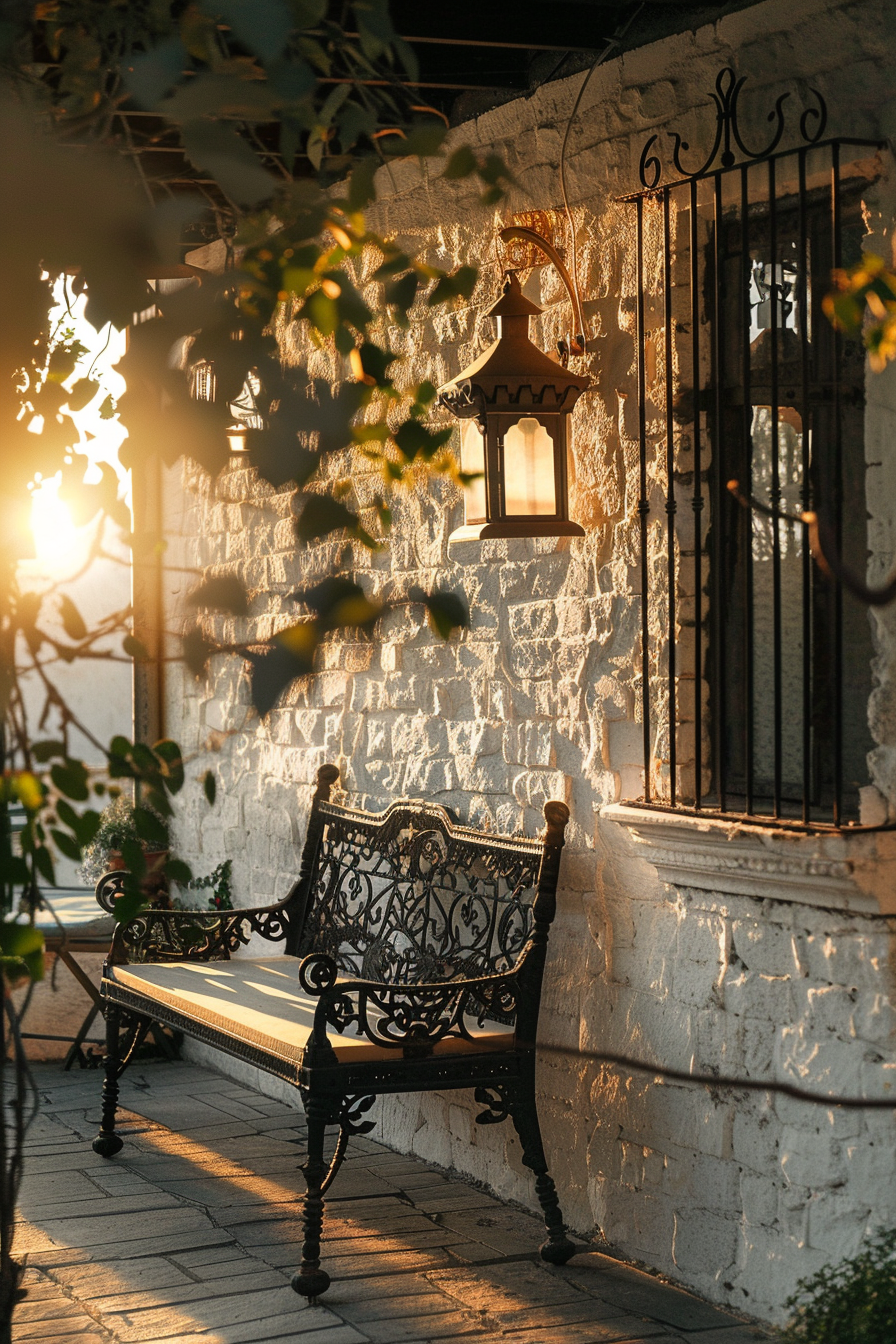Alt text: "Warm sunset light bathing a cozy corner with an ornate metal bench, stone wall, and lantern by a barred window, framed by leaves."