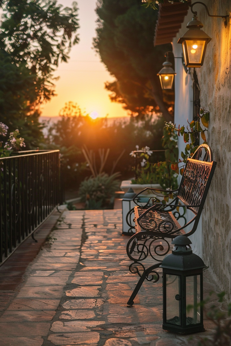 Sunset view along a serene garden path with a wrought iron bench and hanging lanterns casting a warm glow.