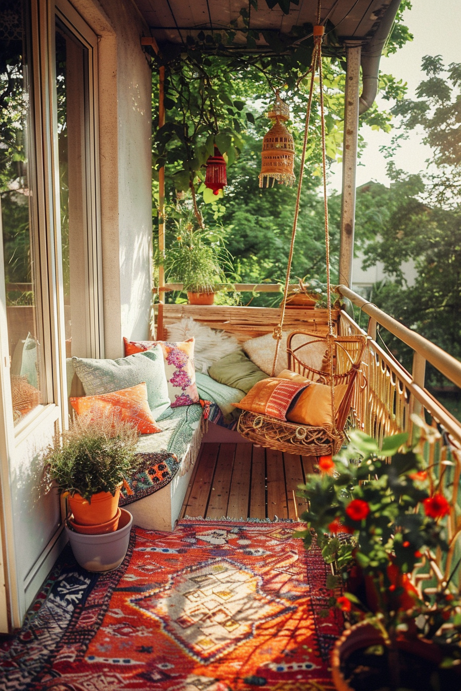 ALT: A cozy porch with a hanging rattan chair, colorful cushions and rugs, potted plants, and decorative hanging lanterns amidst green foliage.