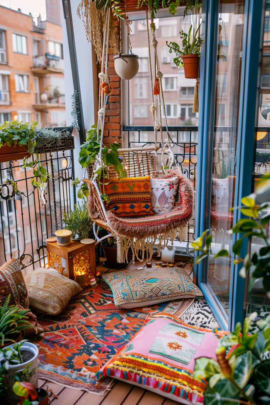 A cozy apartment balcony decorated with colorful carpets, plants, a hanging chair, and bohemian-style cushions.
