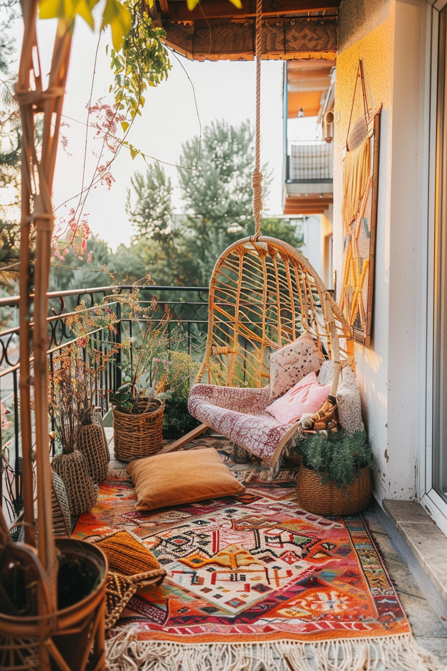 Cozy balcony with a hanging wicker chair, patterned cushions, colorful rug, plants, and warm sunset light.