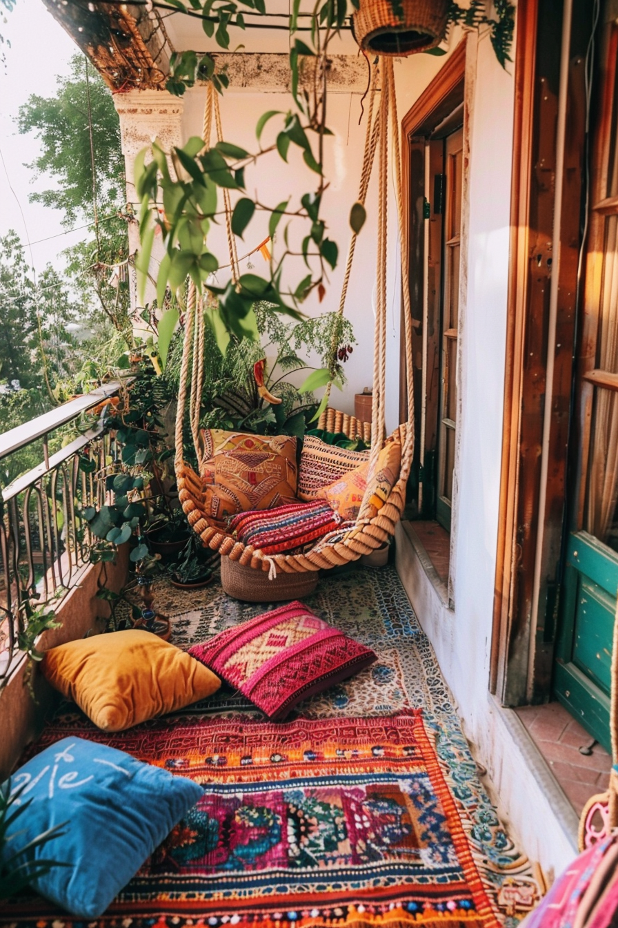 A cozy balcony with a woven swing chair, colorful cushions, patterned rugs, and potted plants, creating a bohemian outdoor space.