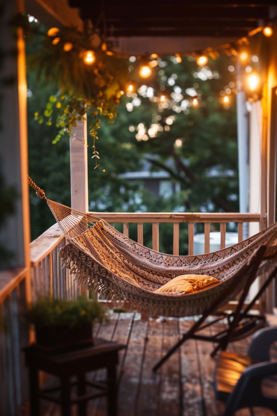 Cozy porch with a hammock and string lights at dusk, creating a warm, inviting atmosphere.