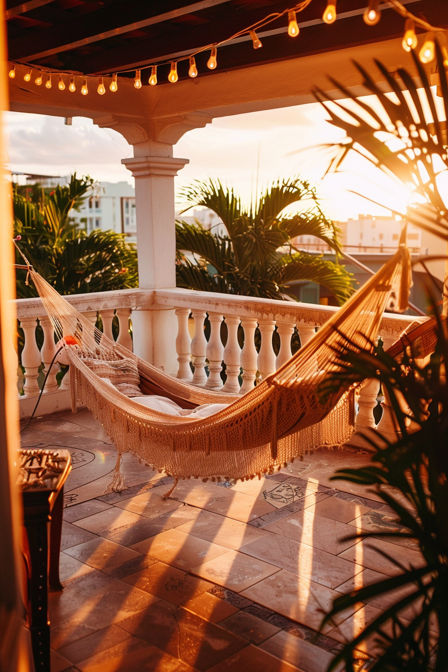 A cozy balcony with a hammock at sunset, adorned with string lights, overlooking lush greenery.