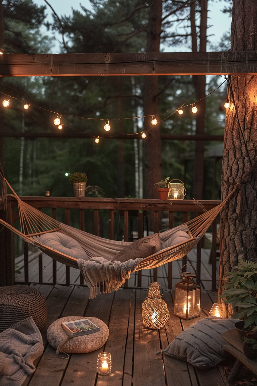 A cozy outdoor porch with a hammock, string lights, and lanterns at dusk, embodying a serene evening atmosphere.