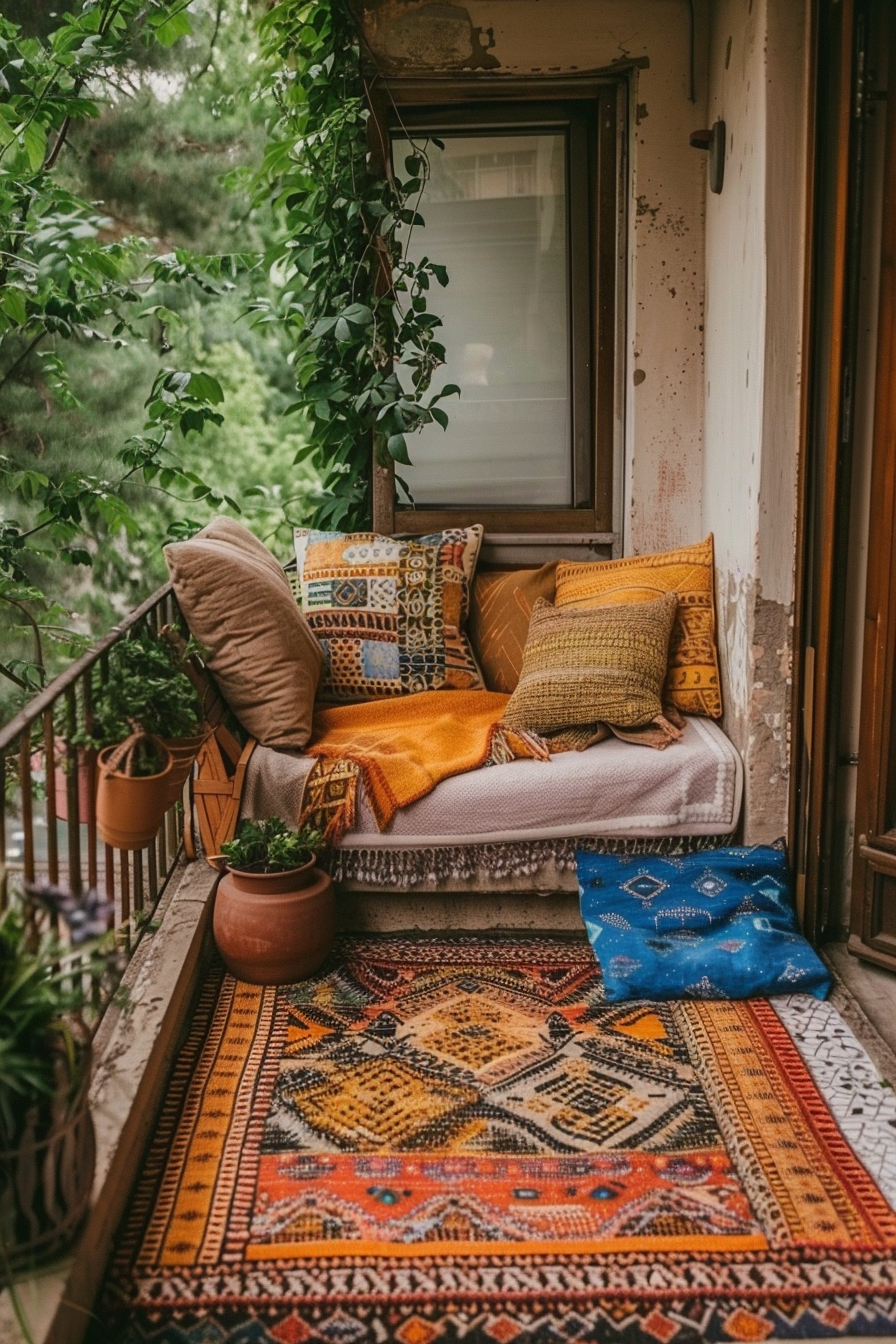 A cozy balcony nook with colorful cushions, a throw blanket, patterned rugs, and surrounding greenery.