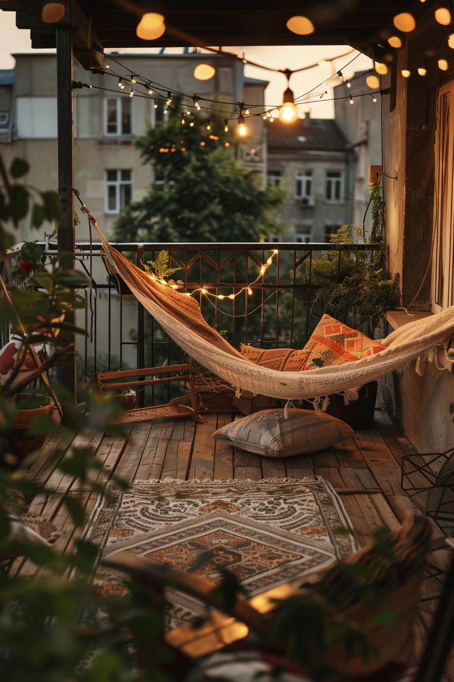 Cozy balcony with a hammock, string lights, plants, and cushions during twilight, creating a warm inviting atmosphere.