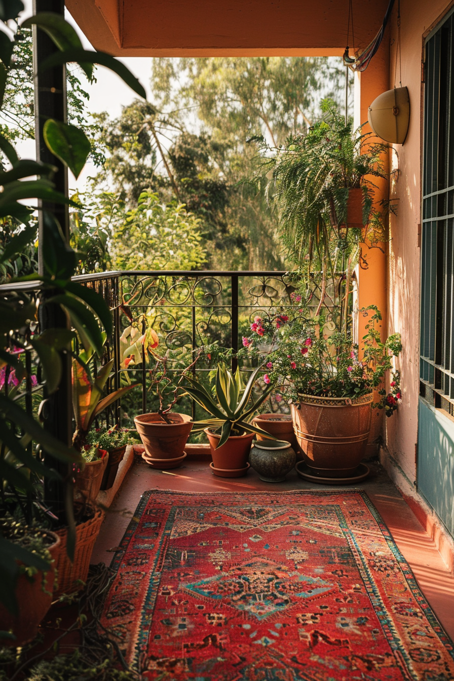 A cozy balcony adorned with potted plants and a colorful rug, overlooking a lush garden in the warm sunlight.