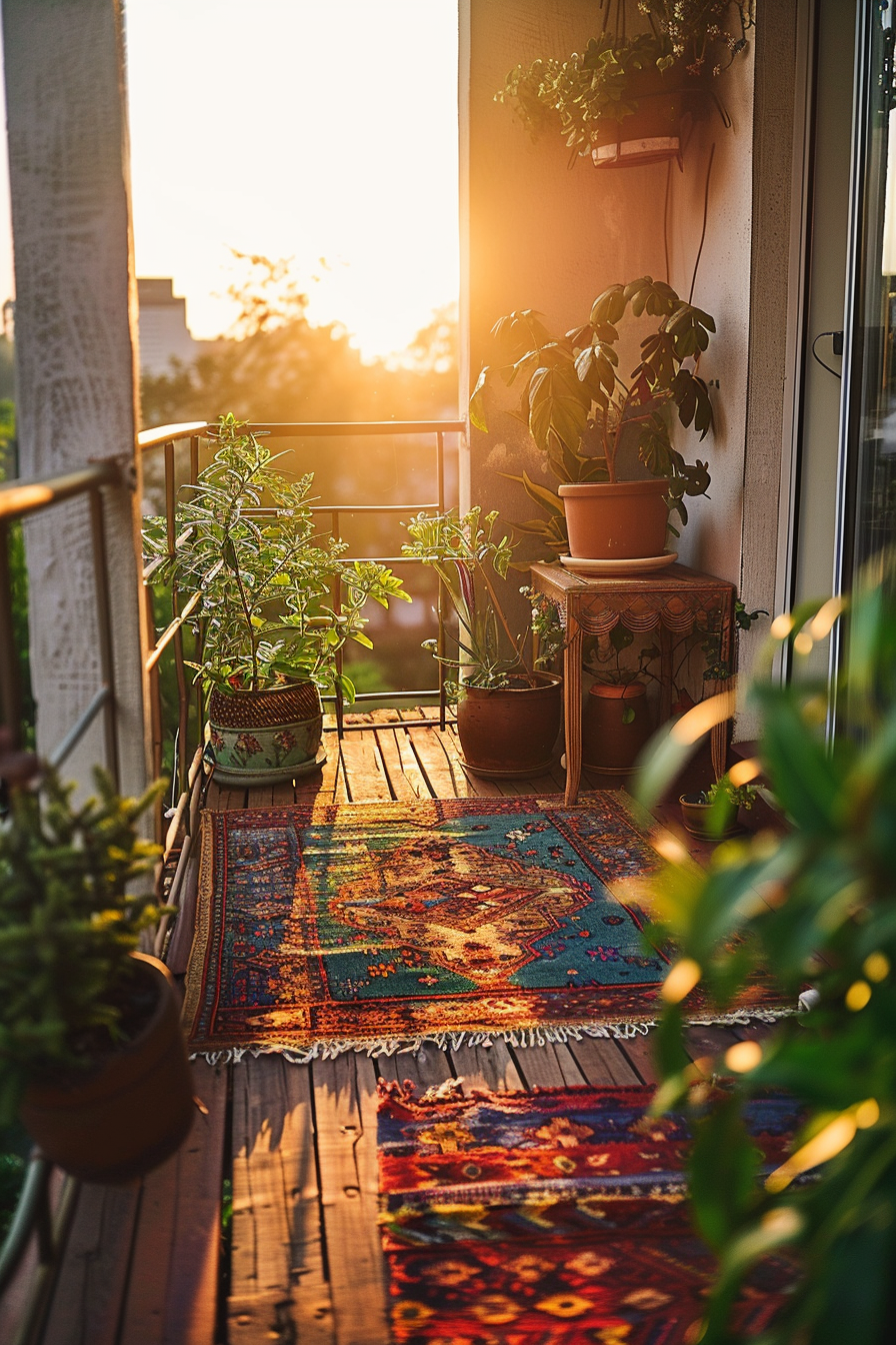 Cozy balcony with potted plants and colorful rugs bathed in warm sunlight during sunset.