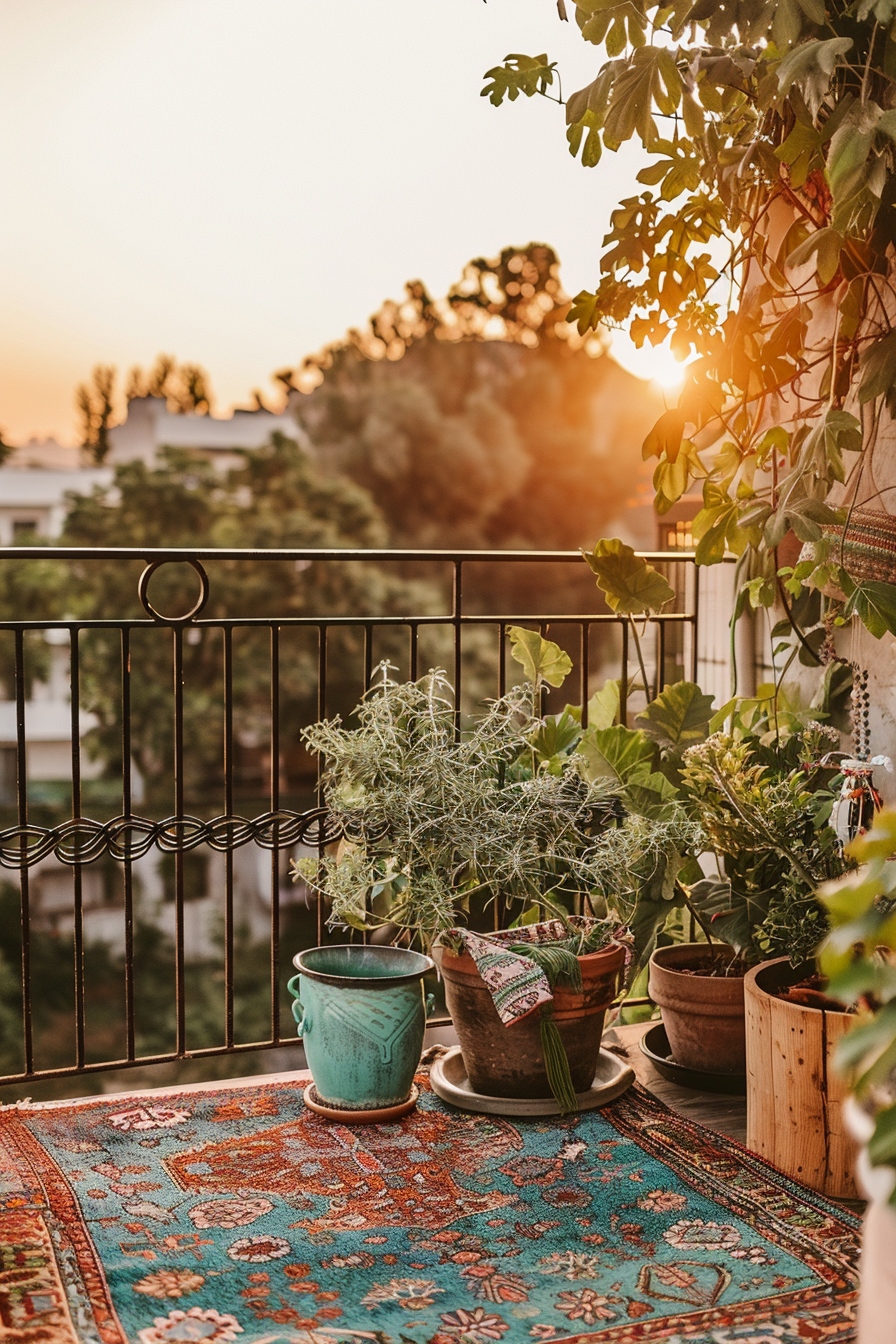 Cozy balcony at sunset with potted plants, a colorful rug, and a tranquil view, emanating a peaceful ambiance.