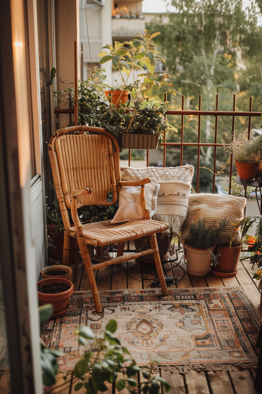 ALT: A cozy balcony with a wicker chair, cushions, potted plants, and a patterned rug, bathed in warm sunlight.