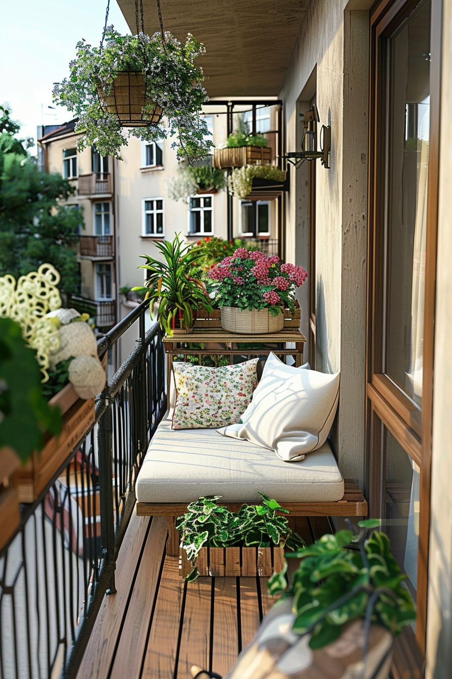 A cozy small balcony seating design featuring colorful potted plants and plush pillows, optimizing a small outdoor space with style.
