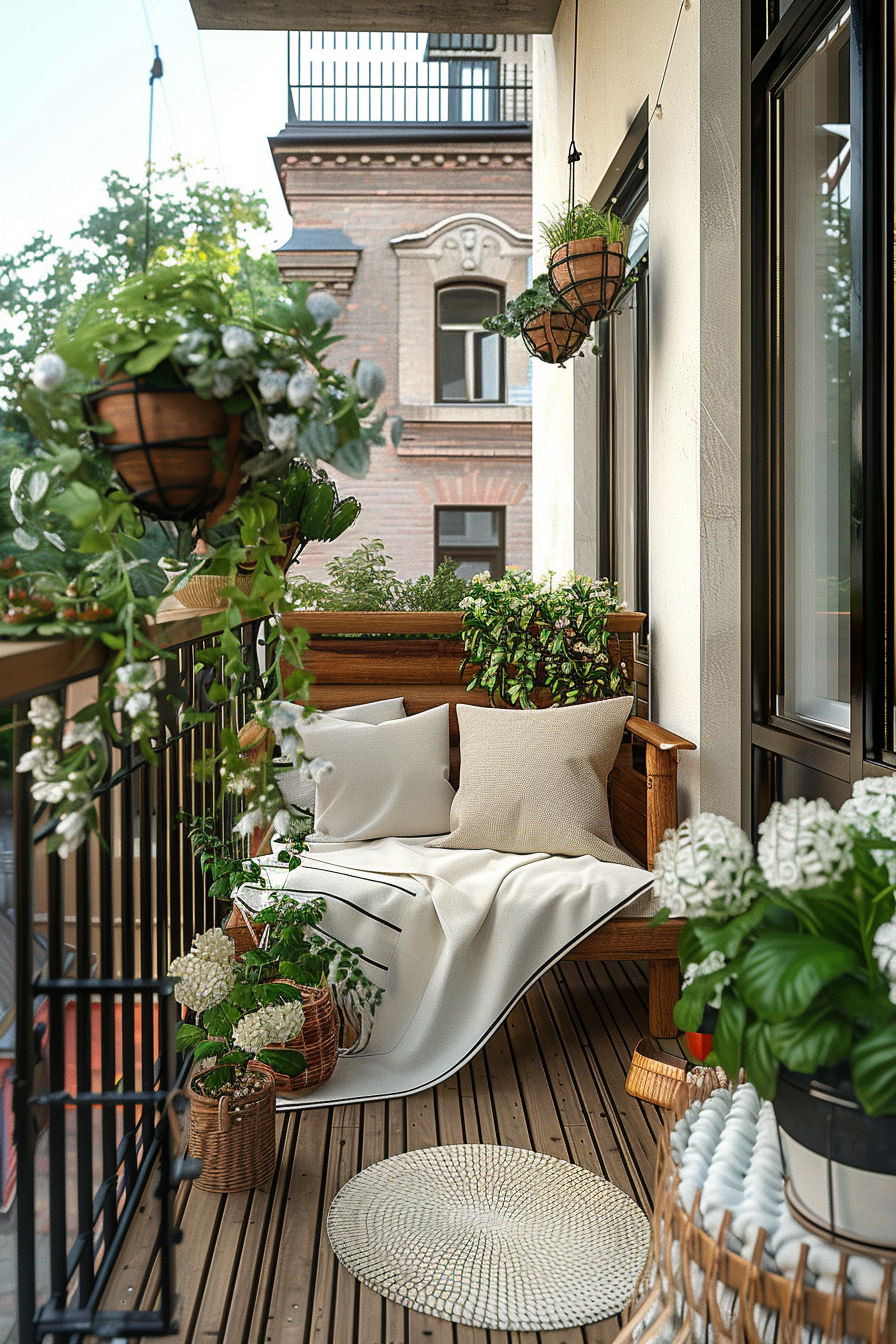Cozy corner bench with pillows on a small balcony surrounded by potted plants, showcasing small balcony garden with seating ideas.