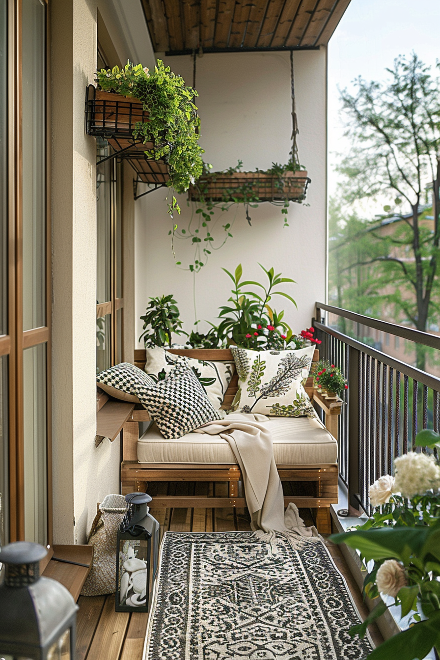 Cozy small balcony seating design featuring lush plants, comfortable pillows, and a stylish rug, perfect for relaxing outdoors.