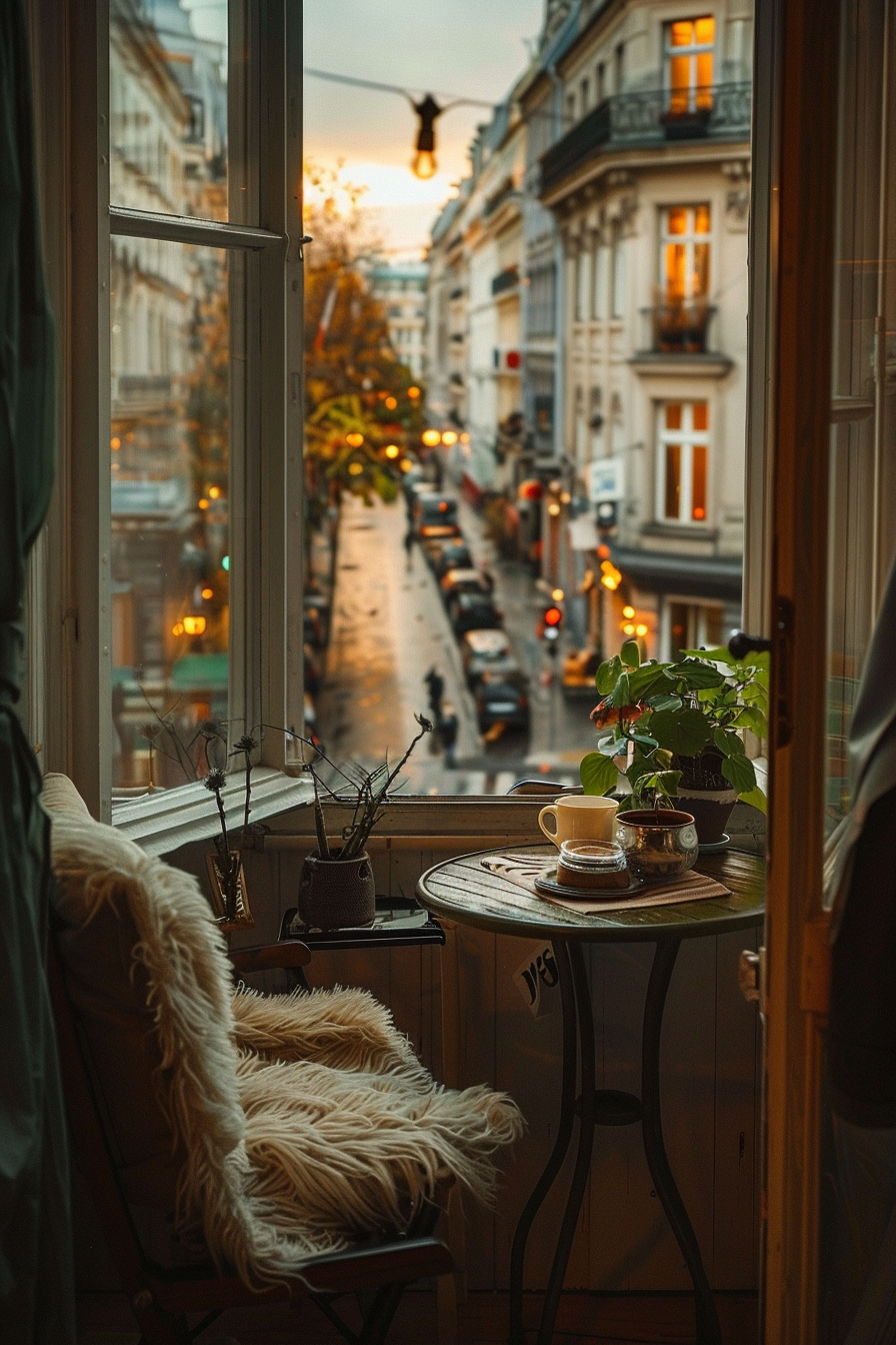 Cozy balcony view overlooking a city street with warm sunset light, a fluffy chair, plants, and a steaming cup.