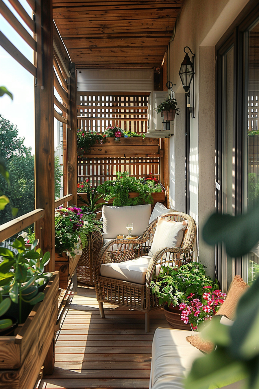 Cozy wicker chair amidst a verdant small balcony garden, demonstrating creative small balcony seating ideas in a sunlit space.