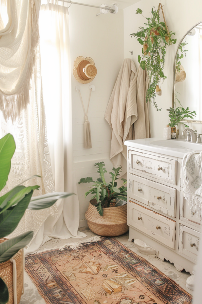 A cozy bathroom with natural light, a vintage cabinet, patterned rug, hanging plants, and straw hat decor.
