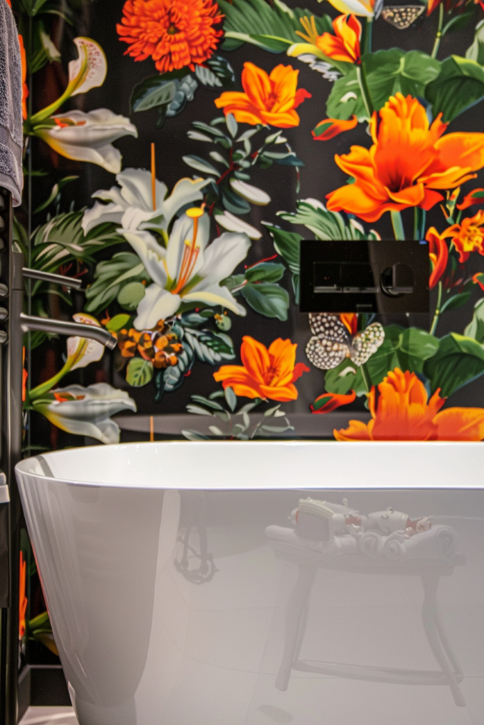 A modern freestanding bathtub in a bathroom with vibrant floral wallpaper and a reflection of a towel rack.
