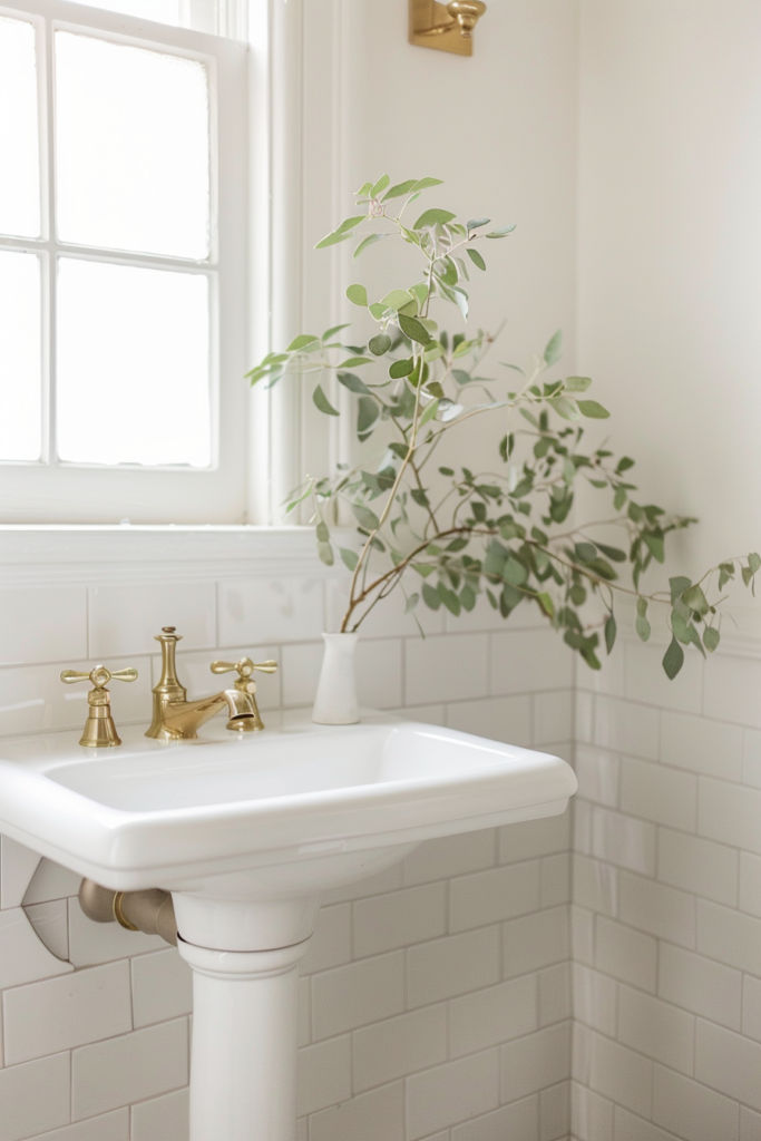 Bright bathroom corner with a white pedestal sink, gold faucets, and a vase with greenery by a window.